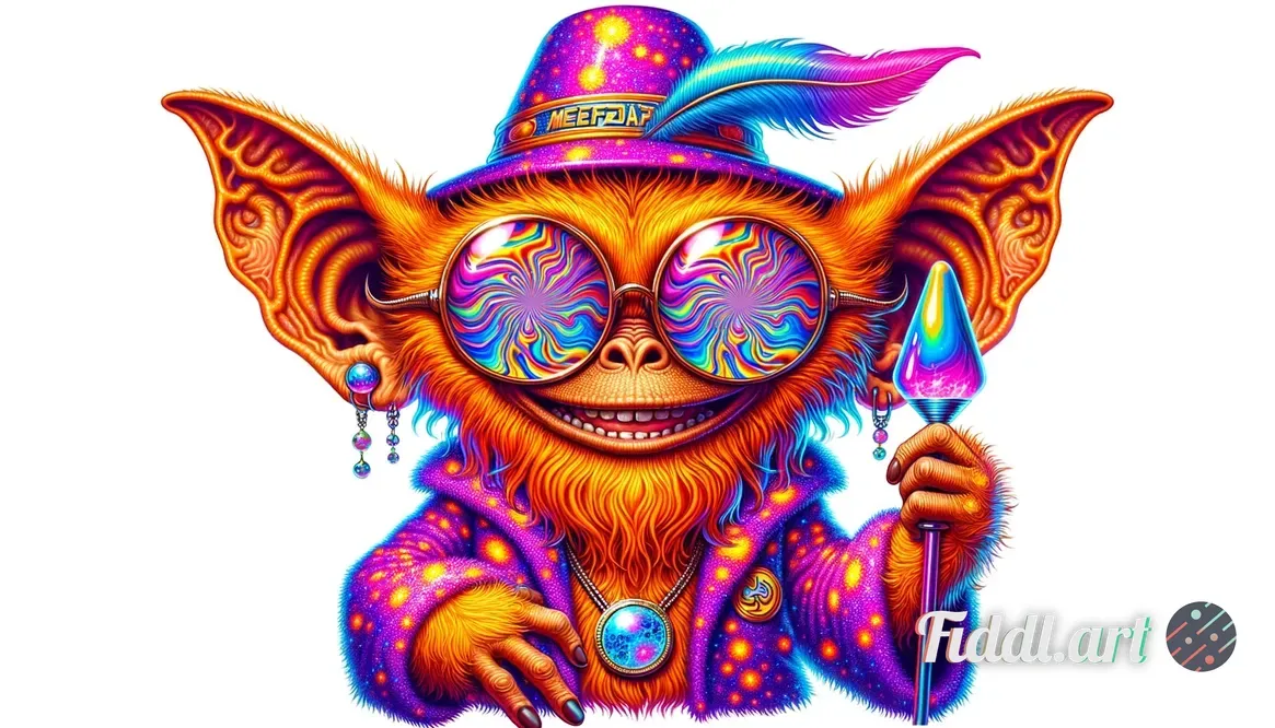 A cartoonish psychedelic illustration of an alien resembling ALF. He is not a monkey. His body is sh