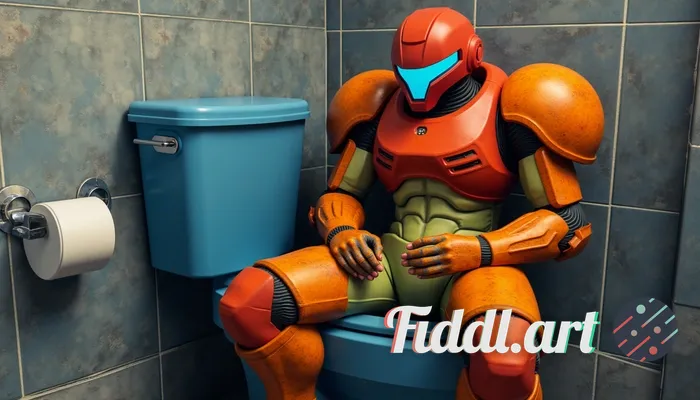 Samus from metroid in zero suit, sitting on a toilet, thick thighs, huge areolas