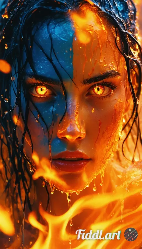A hyper-realistic cinematic portrait of a fierce, wet-haired woman standing amidst a dramatic elemen