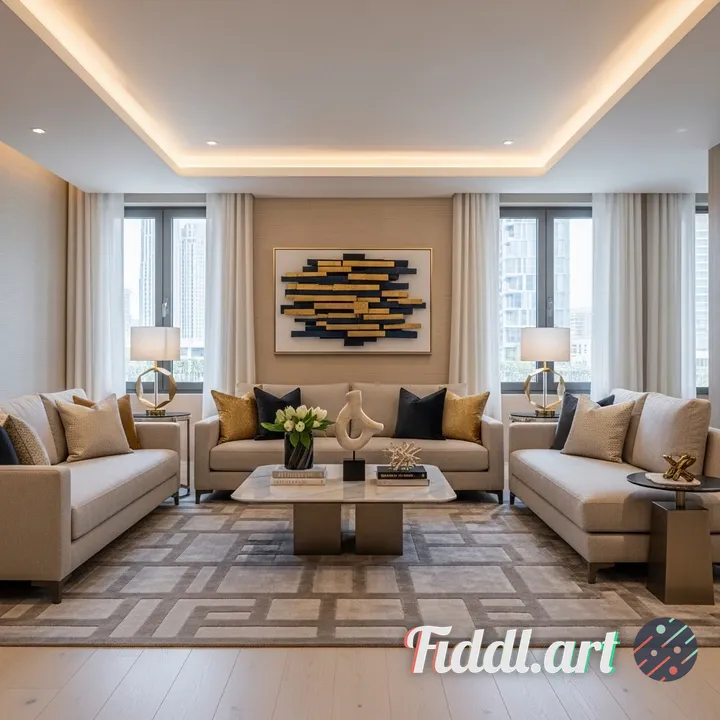 “A realistic transformation-style interior scene showing one elegant, modern living room redesigned 