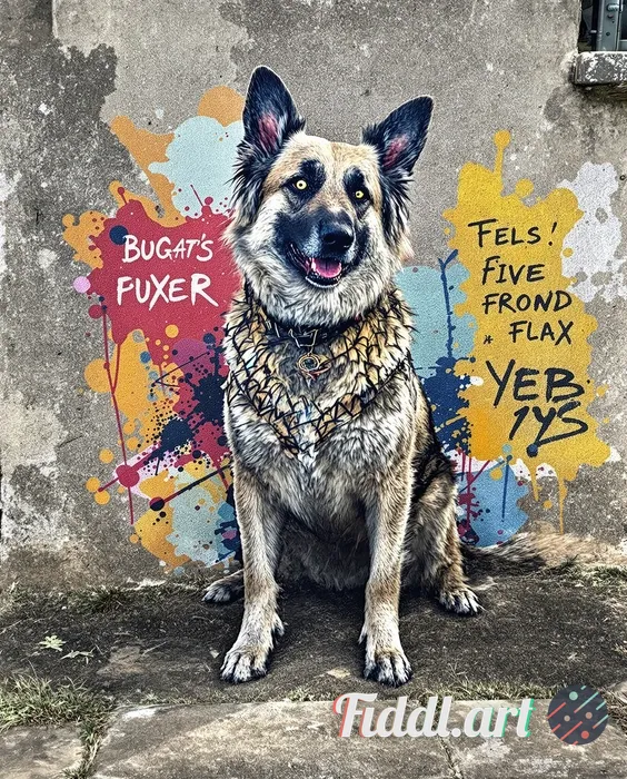 dog as a superhero, high-contrast stencil graffiti, splattered texture, painted on a distressed plas