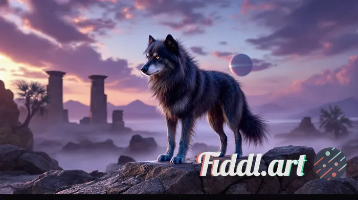 Generate a hyper-realistic digital painting of a Loth-wolf in a sacred, spiritual setting on Lothal.