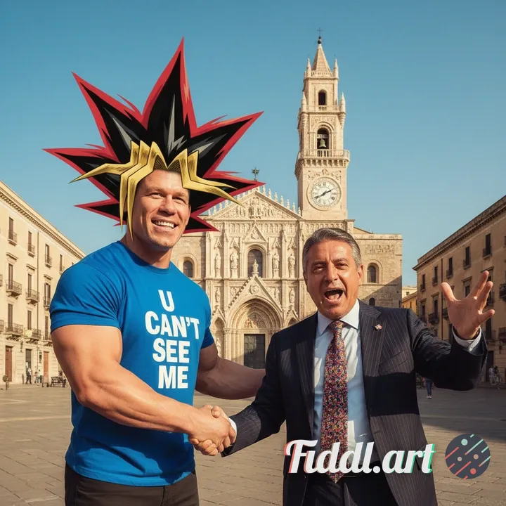 A surreal and cinematic photorealistic image showing a muscular wrestler resembling John Cena wearin