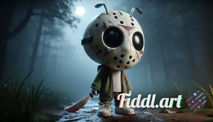 	A hyper-detailed 3D render of a small white cartoon mascot dressed as Jason Voorhees from the Frida