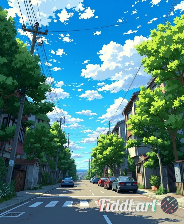 A quiet residential city street bathed in warm summer daylight, rendered in rich CoMix Wave Film det