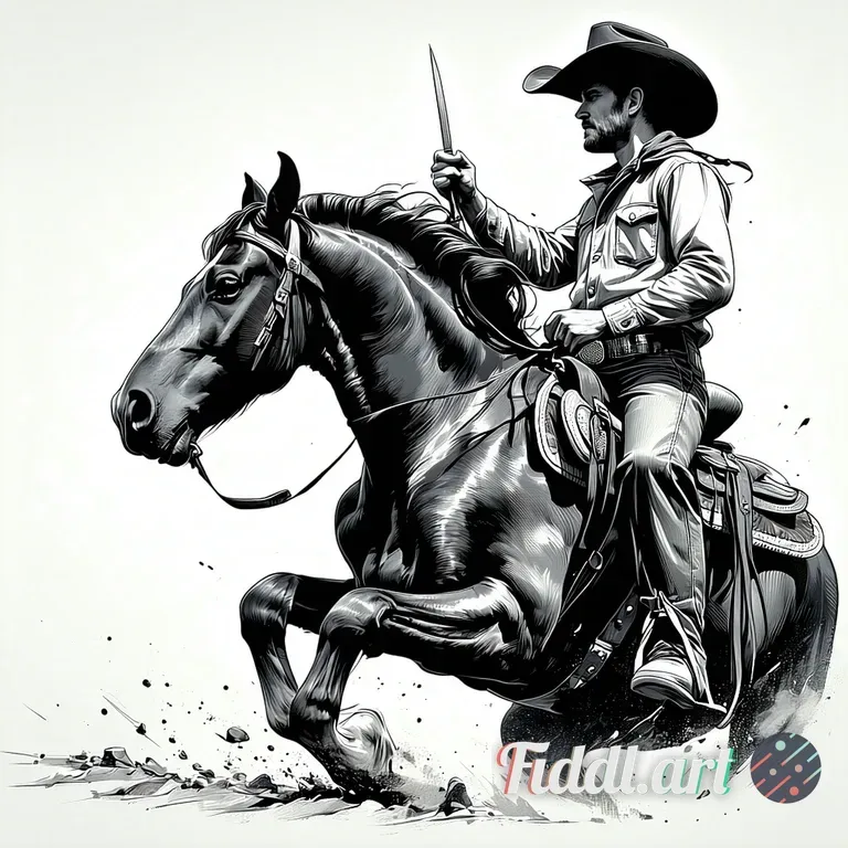 Extreme close-up of a wild mustang horse rearing up at 45-degree angle, rugged cowboy in vintage Ste