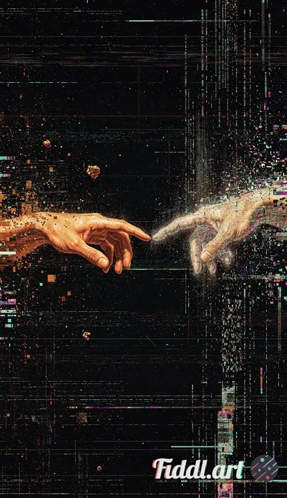 entropic decay, glitch art, man touching god.