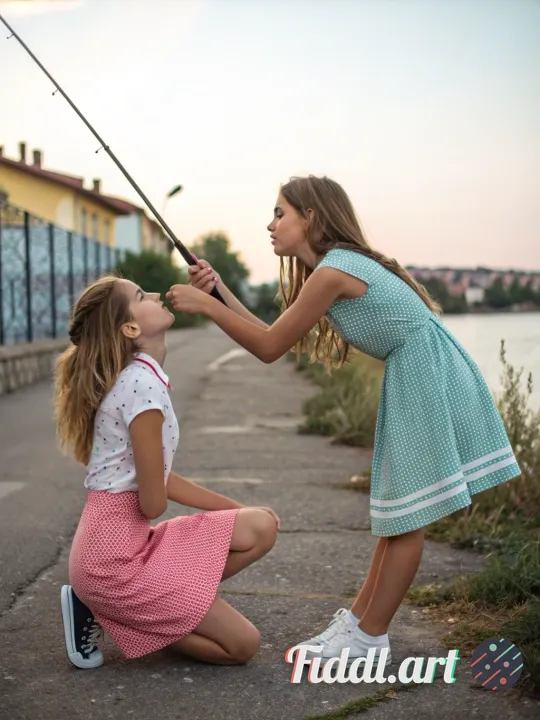 Both girls look 13 and have no dress on. The right girl is on her knees with the left girl’s rod in 