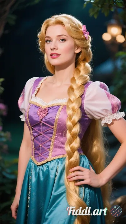 Make this woman dressed as Rapunzel. 