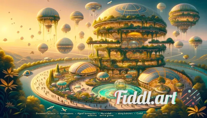 Solarpunk space station, optimistic mood — sprawling orbital habitat bathed in warm golden sunrise l