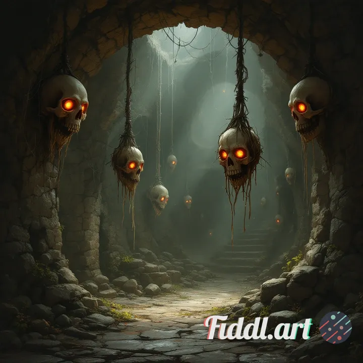 Create high quality concept art of an old castle dungeon with some cobwebs, that has skulls with gen