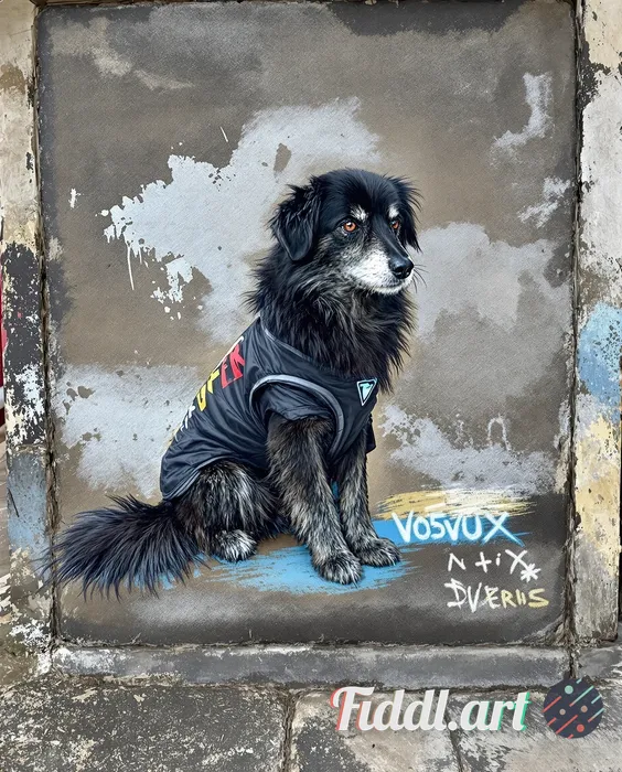 dog as a superhero, high-contrast stencil graffiti, splattered texture, painted on a distressed plas