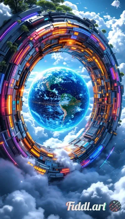 a hadron collider designed as a giant ring encircling the Earth, showcasing advanced scientific tech