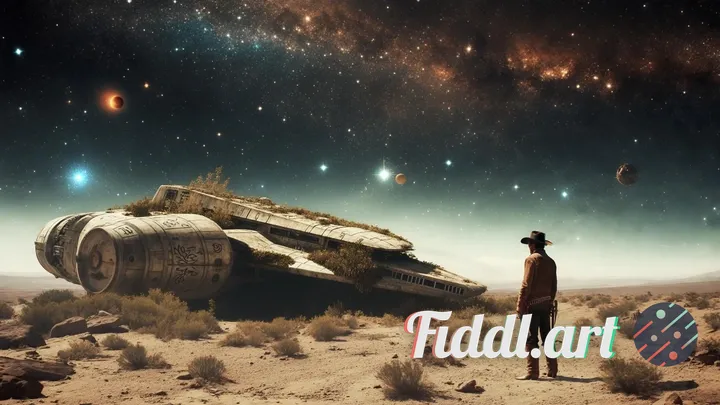 Space Western concept art: Cowboy touching ancient, unearthed spaceship, starlit galaxy unfolds, epi