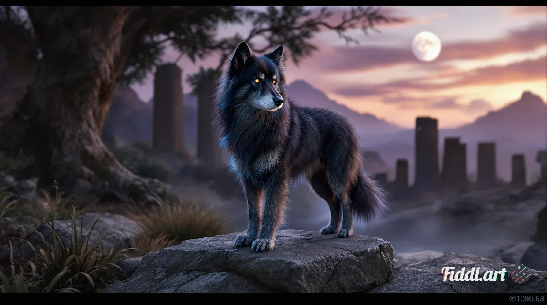 Hyper-realistic cinematic rendering of a majestic Loth-wolf standing proudly atop an ancient, weathe
