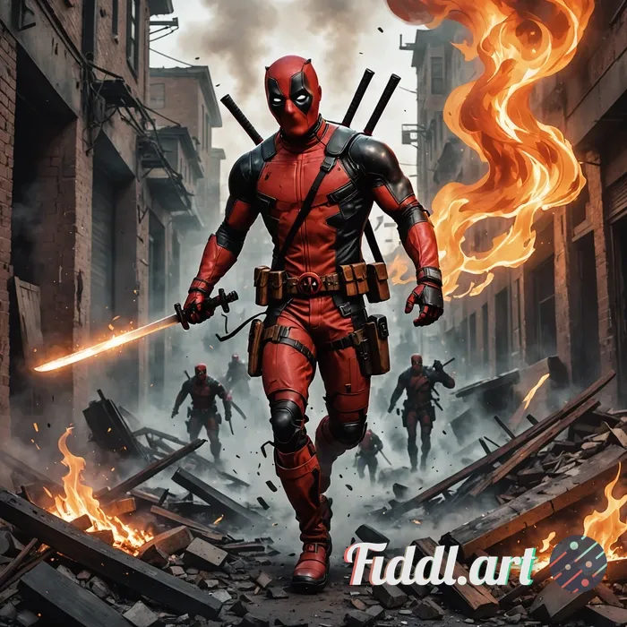 Deadpool from Marvel Comics confidently walking through a dense, smoke-filled environment, his signa