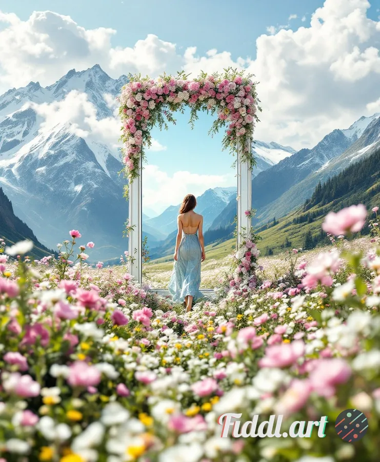 Media Index 0 | Blurry Model walking through a flower field into a mirror room, covered in blooms, in a surreal and 