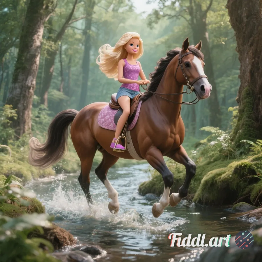 Please use barbie riding a stallion in the forest through stream 