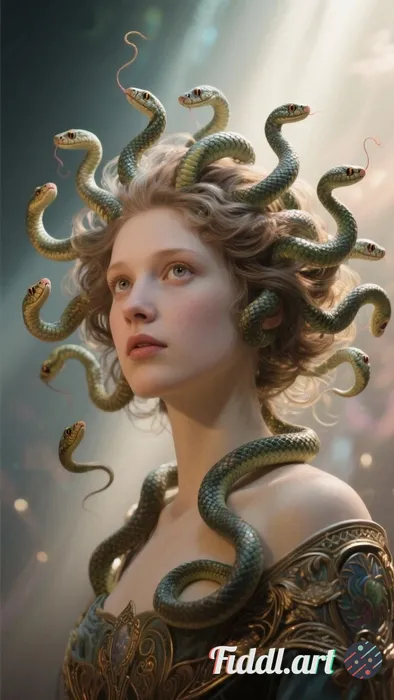 Portrait of Medusa from the bust up. Her expression is one of innocent curiosity, but each snake in 
