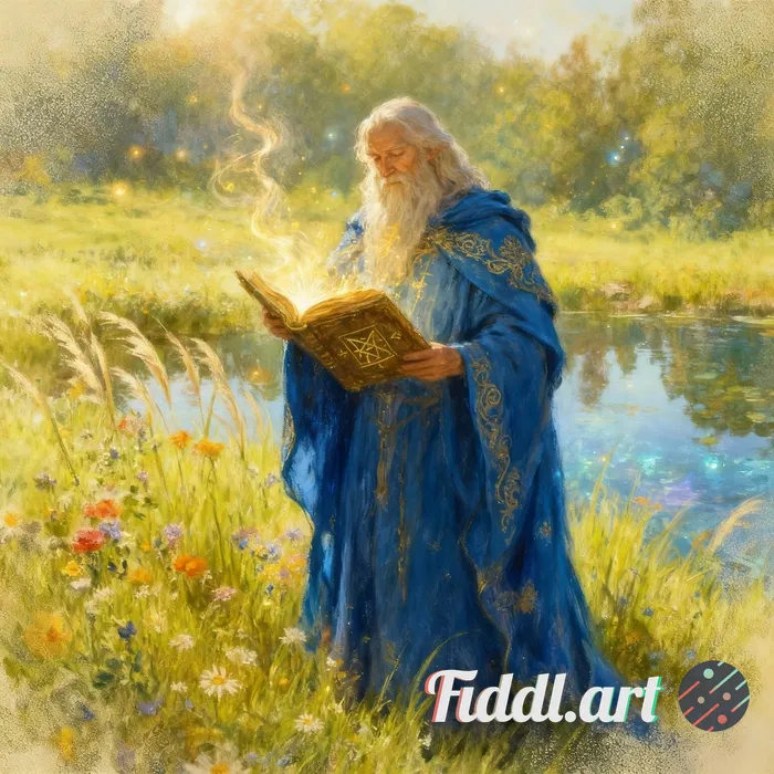 Transform the subject into Merlin the All-Powerful Wizard, standing gracefully in a lush, sun-dapple