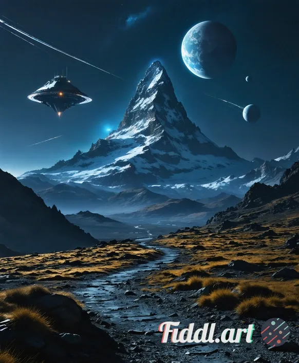 Epic sci-fi mountain vista at night. A jagged, snow-capped peak rises in the center of frame, flanke