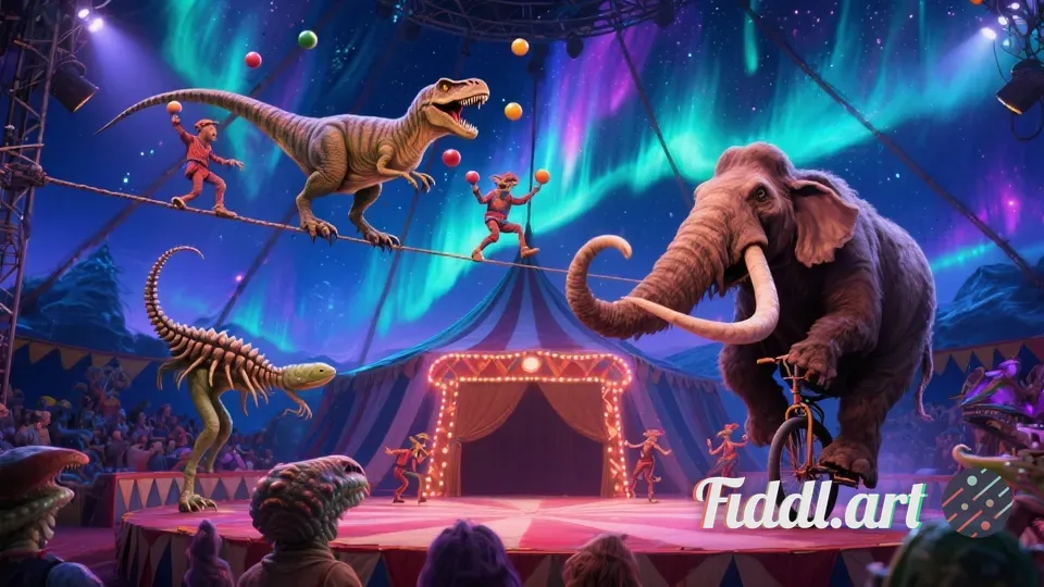 A circus where prehistoric creatures perform modern stunts: T-Rex jugglers, trilobite tightrope walk