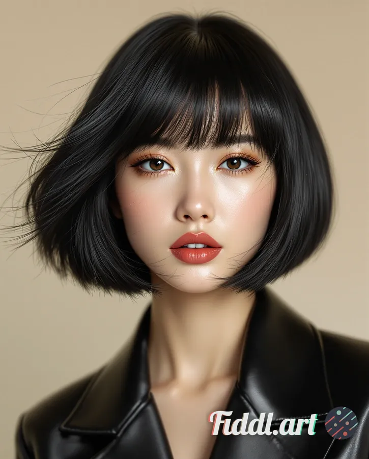 Media Index 0 | A hyper-detailed close-up portrait of a young Asian woman with a sleek, jet-black bob haircut that e