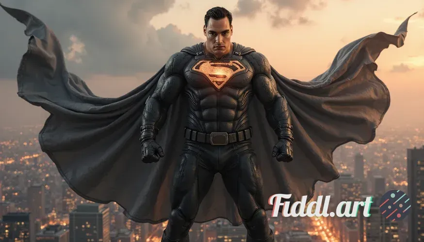 A powerful male superhero striking a dramatic pose atop a crumbling skyscraper at twilight, his cape