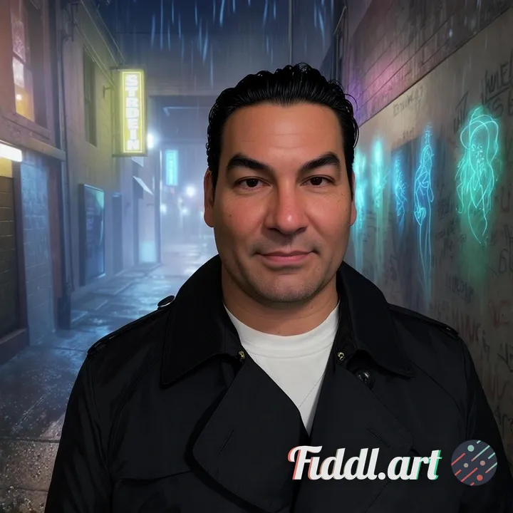 A lone detective in a rain-slicked neo-noir alley at night, shadows cast by a flickering neon sign r