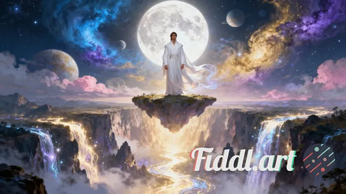 A mysterious man in pristine white robes stands serenely on a floating island suspended high above a