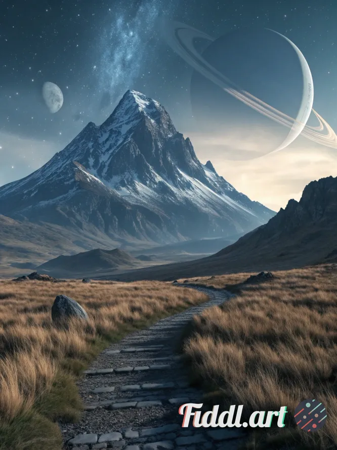 Epic sci-fi mountain vista at night. A jagged, snow-capped peak rises in the center of frame, flanke