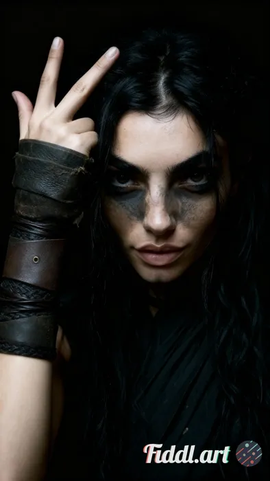Make her fingers against her head like gun fingers pose, dark lighting,