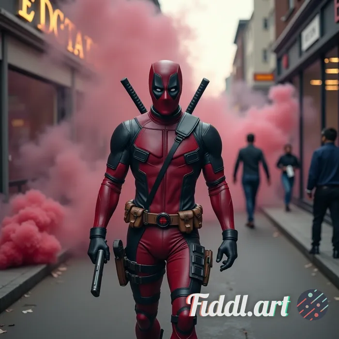 Deadpool from marvel comics walking through a smoke filled environment