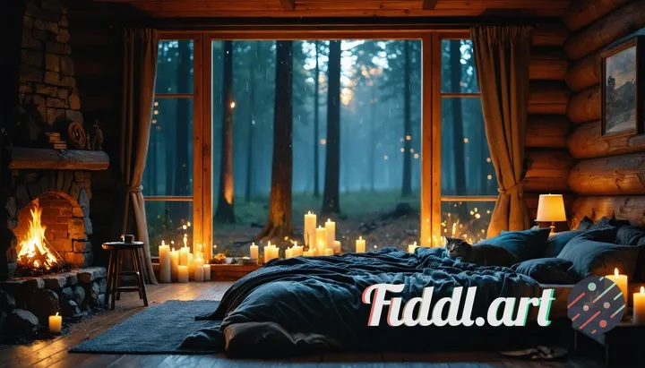 A warm and cozy dark-fantasy cabin interior at night. A large soft bed filled with blankets and pill