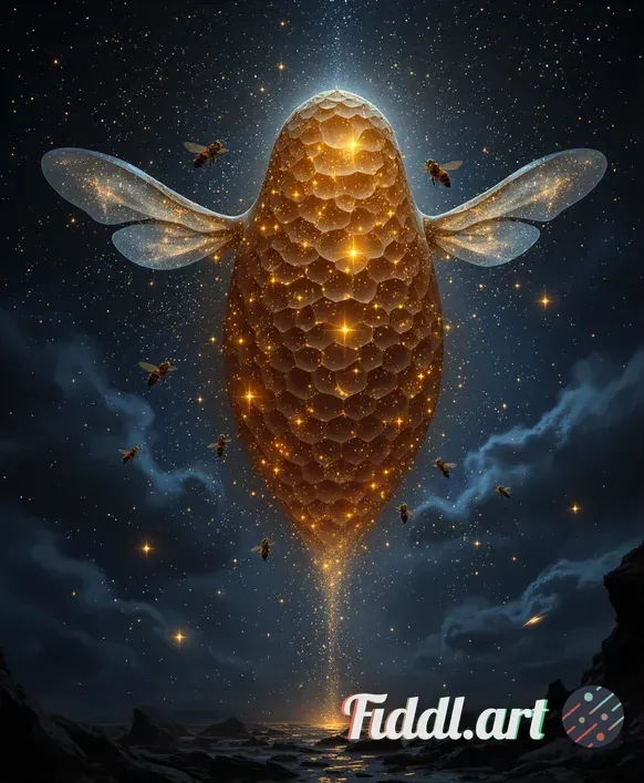 A hyper-detailed, intricate, celestial beehive elegantly floating amidst the vastness of space, surr