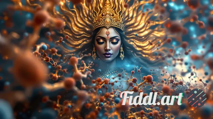  image of mitochondria with a copper color and mother kali in a protective stance in the background 