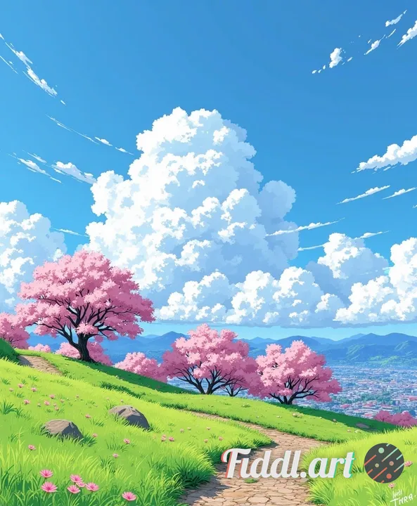 A gentle hillside dotted with blooming cherry and plum trees. Soft pink petals cover sections of the