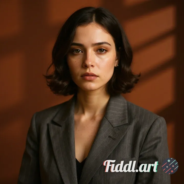 cinematic studio portrait of a young woman with long dark brown hair and curtair gangs, wearing an o