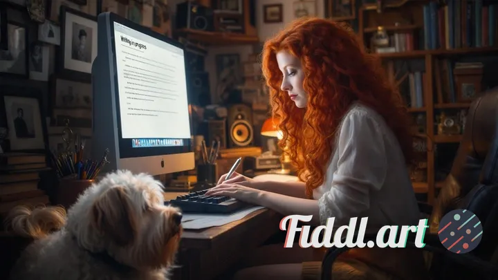A redhead woman that is a writer. Working on her computer, writing a story. She's in her office, dec