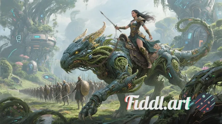 An ancient warrior princess atop a majestic bio-engineered creature, leading her army through a lush