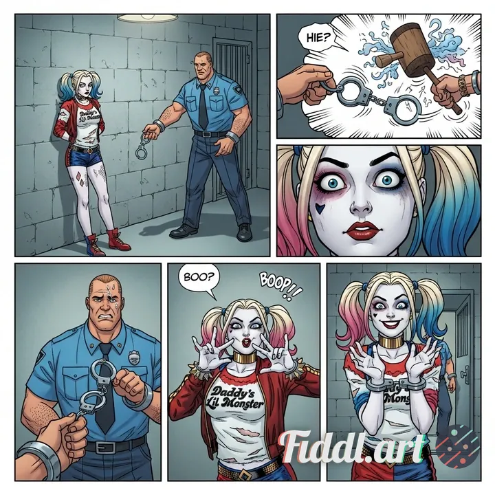4 page comic panel of harley quinn suicide squad 2018 in prison cell being handcuffed by prison gaur