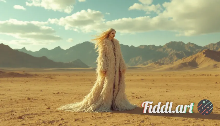 Media Index 0 | A drone shot of a surreal and avant-garde fashion portrait set in a vast, open desert landscape unde