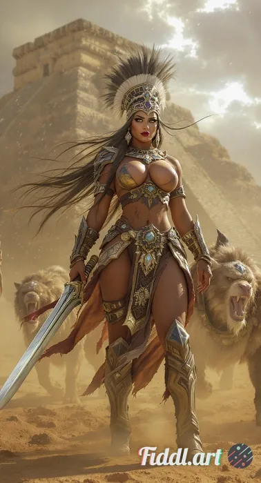 Ultra-photorealistic cinematic photography in the Luiz Royo style of a legendary Aztec warrior, with