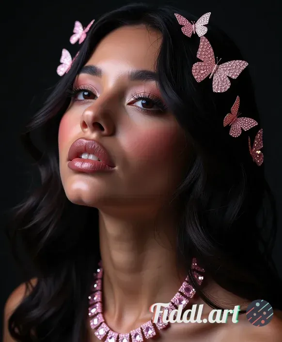 Media Index 0 | A low angle, closeup of a female models portrait, her black long hair is adorned with many pink pear