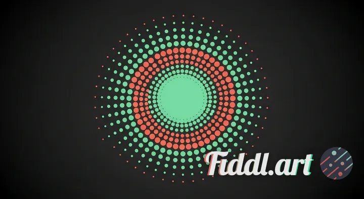 Centered circle made of radiating dots in alternating mint green and coral, set on charcoal backgrou