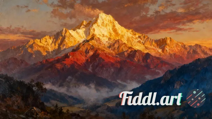 Epic oil painting of a majestic mountain range at sunrise, dramatic lighting with golden hour glow i