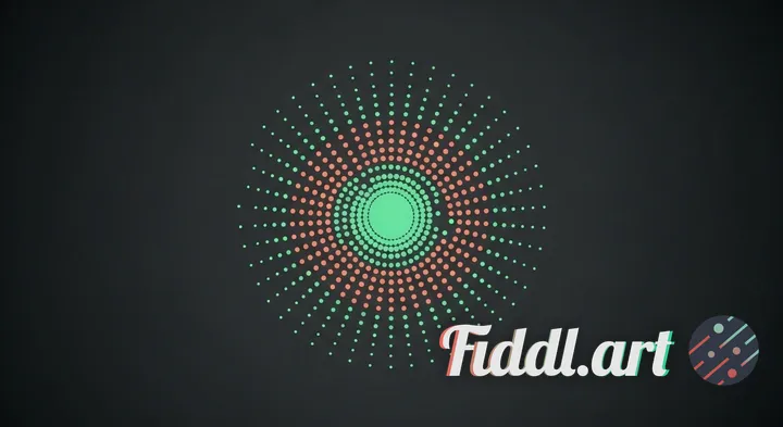 Minimalist digital zen art, a perfectly centered circle composed of radiating dots in alternating vi