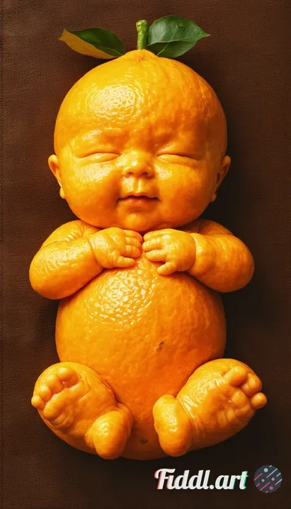 make a baby that's made out of an orange. the photo should have a brown background.
