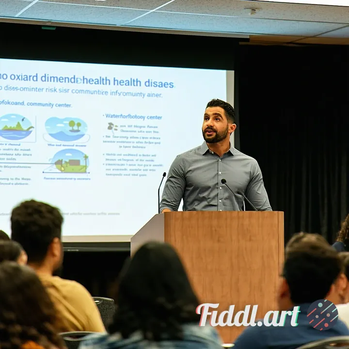 A hyperrealistic photo of Moises, a confident public health expert in his late 30s, standing at a po