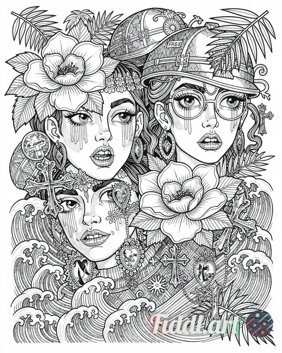 faces and flowers, by Ed Roth, behance contest winner, lowbrow, tattoo sketch of a ocean, with japan